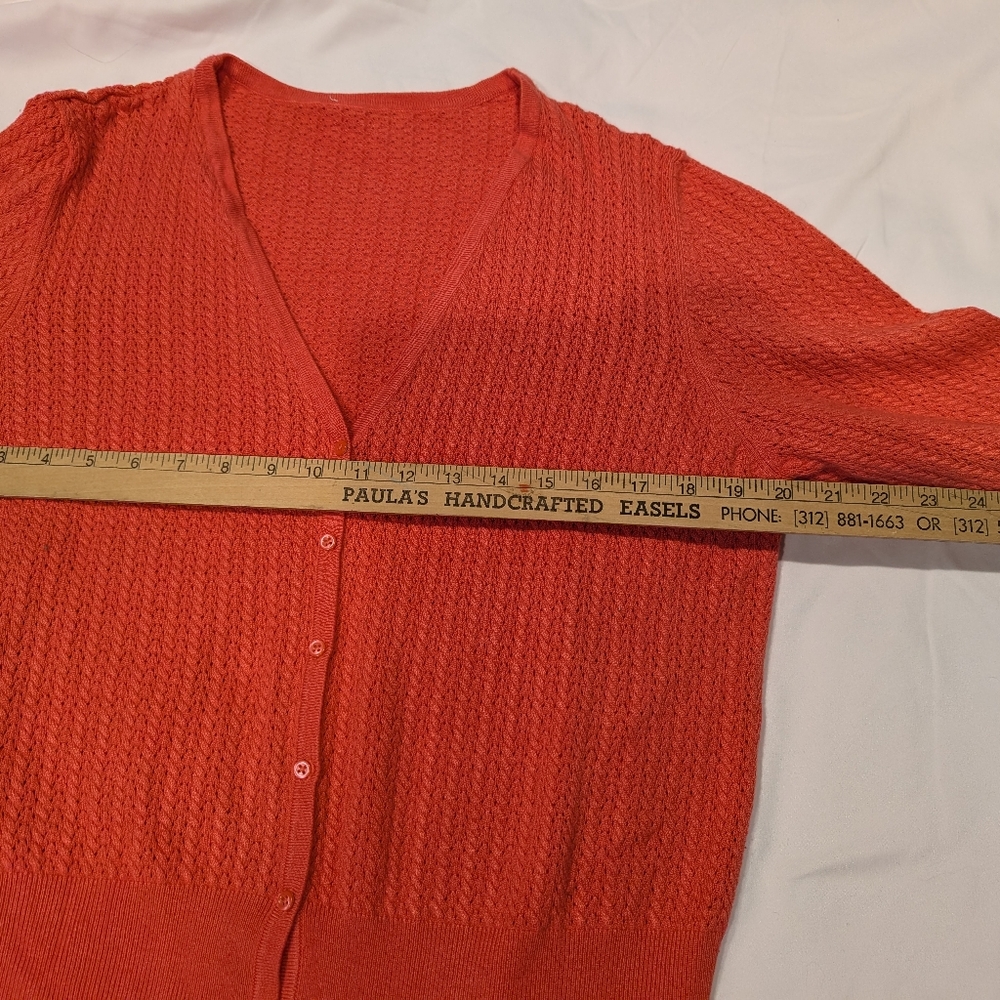 Short Cardigan Sweater Fine Gauge Knit Coral Orange 1X - Picture 3 of 4